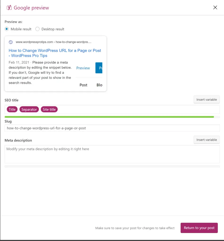 Yoast SEO Google Preview Settings
