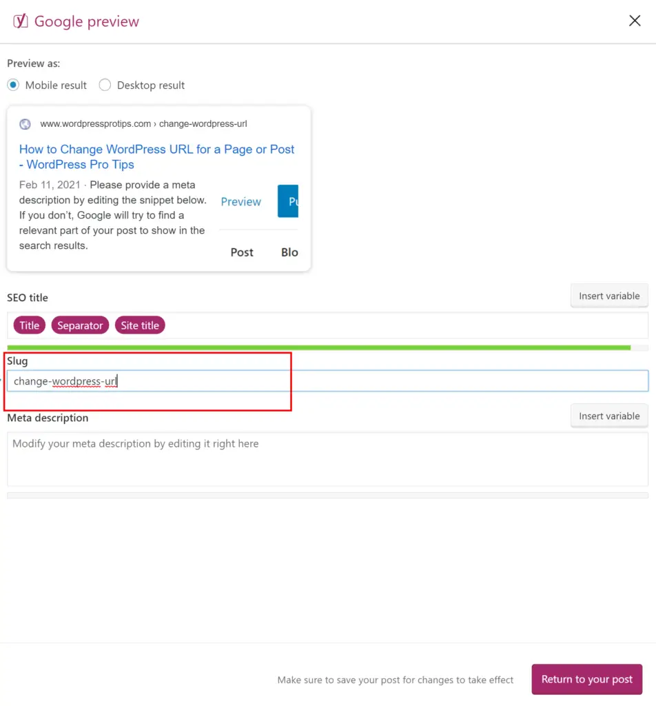 Yoast SEO Google Preview Settings with the Slug Setting