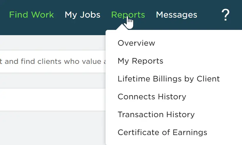 Upwork Reports Menu