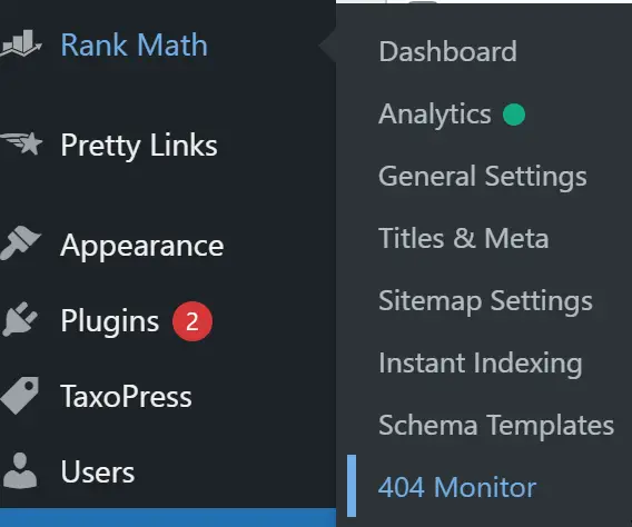 Rank Math 404 Monitor Admin Dashboard Menu