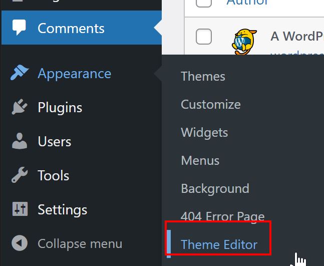 WordPress Admin Menu with Theme Editor Highlighted
